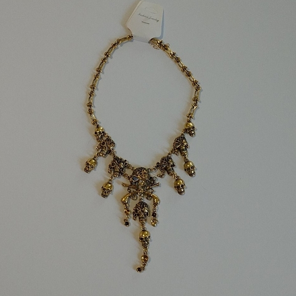 SALE Unique Pirate Skeleton Skull Gold-tone Drop Down Dangle Necklace - Picture 2 of 10